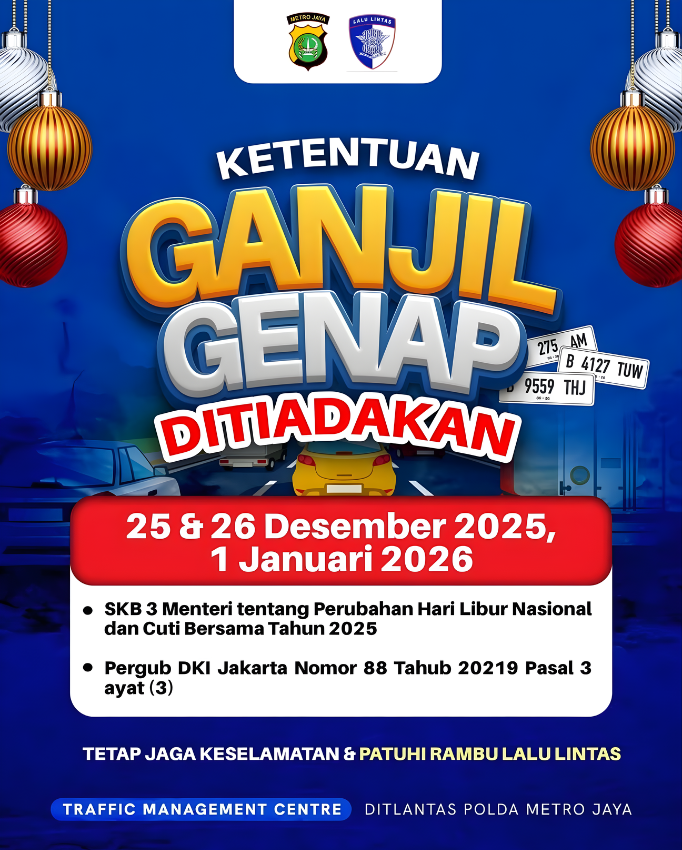 Ganjil Genap Ditiadakan Saat Libur Nataru 2025–2026, Ini Jadwal Lengkap & Aturannya